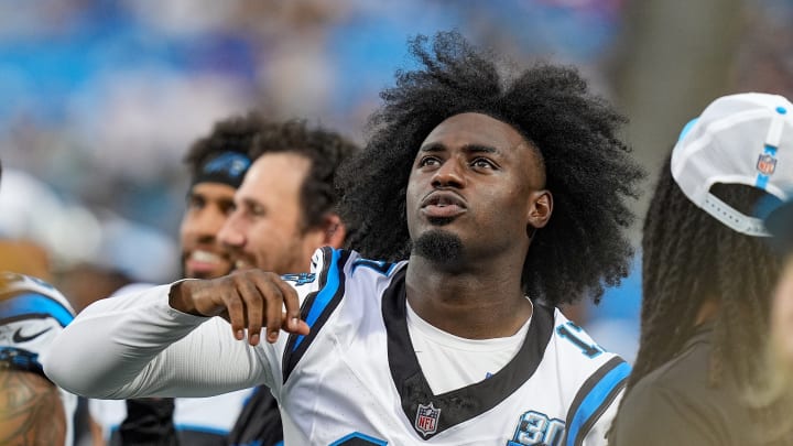 Aug 17, 2024; Charlotte, North Carolina, USA; Carolina Panthers wide receiver Xavier Legette (17) during the first quarter against the New York Jets at Bank of America Stadium.