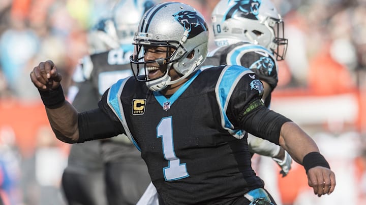 Carolina Panthers QB Cam Newton celebrates after a touchdown run by running back Christian McCaffrey. Carolina Panthers QB Cam Newton celebrates after a touchdown run by running back Christian McCaffrey.