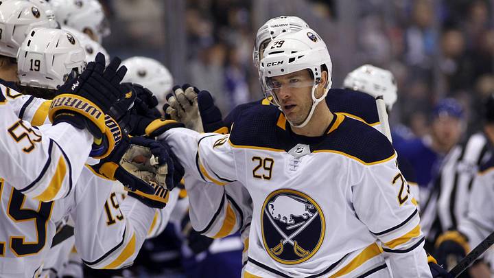 Mar 2, 2019; Toronto, Ontario, CAN; Buffalo Sabres forward Jason Pominville (29) celebrates a goal against the Toronto Maple Leafs during the first period at Scotiabank Arena. Mandatory Credit: John E. Sokolowski-Imagn Images