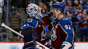 Nov 11, 2025; Denver, Colorado, USA; Colorado Avalanche goaltender Scott Wedgewood (41) celebrates with left wing Gabriel Landeskog (92) after the game against the Anaheim Ducks at Ball Arena. Mandatory Credit: Isaiah J. Downing-Imagn Images