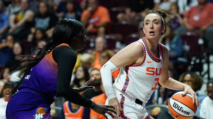 Sep 6, 2025; Uncasville, Connecticut, USA; Connecticut Sun guard Marina Mabrey (3) looks for an opening sgasindt Phoenix Mercury guard Kahleah Copper (2) in the first half at Mohegan Sun Arena. 