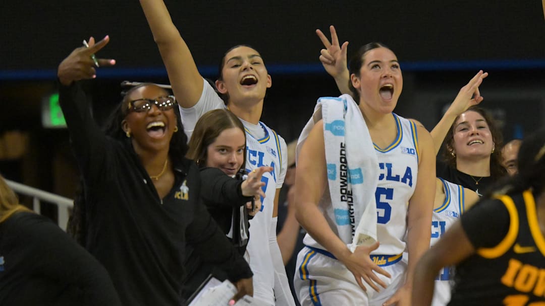 Feb 1, 2026; Los Angeles, California, USA;  The UCLA Bruins bench reacts after a three-point basket by forward Angela Dugalic (32) in the second half against the Iowa Hawkeyes at Pauley Pavilion presented by Wescom Financial. Mandatory Credit: Jayne Kamin-Oncea-Imagn Images