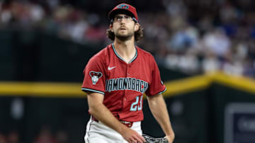 May 28, 2025; Phoenix, Arizona, USA; Arizona Diamondbacks pitcher Zac Gallen in the fourth inning against the Pittsburgh Pirates at Chase Field. Mandatory Credit: Mark J. Rebilas-Imagn Images
