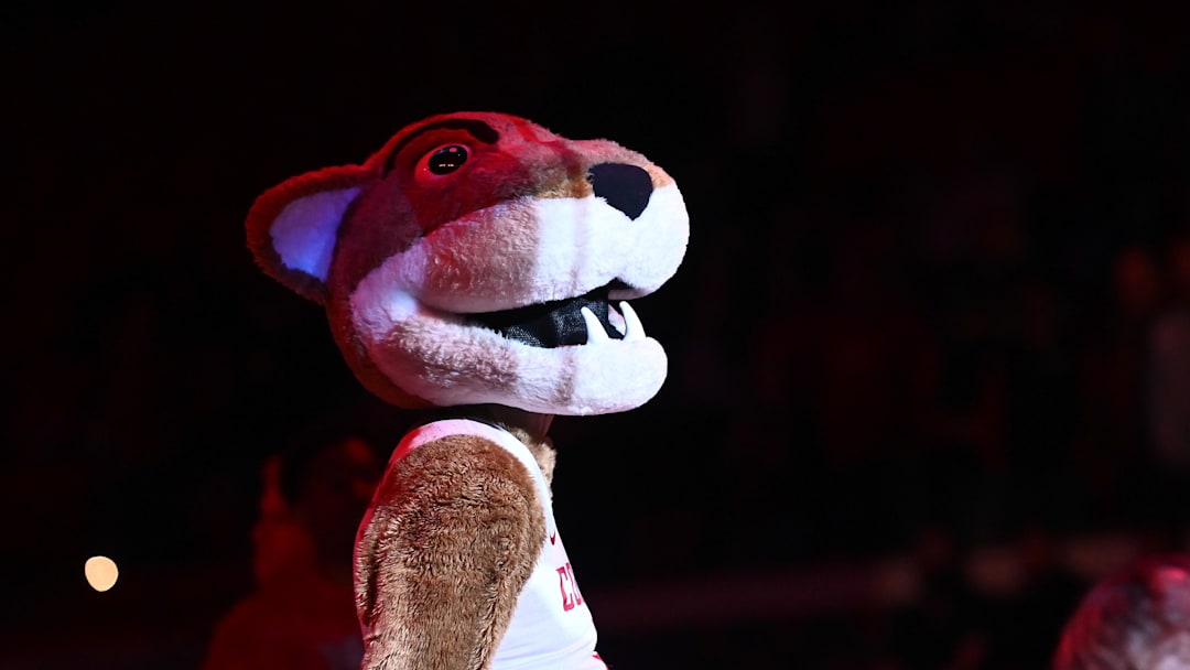 Feb 16, 2023; Pullman, Washington, USA; Washington State Cougars mascot Butch performs before a men   s basketball game against the Oregon State Beavers at Friel Court at Beasley Coliseum. Mandatory Credit: James Snook-Imagn Images
