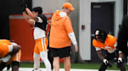 Tennessee head coach Josh Heupel walks on the field during a Tennessee football practice, Tuesday, Dec. 17, 2024.