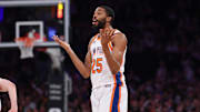 Mar 22, 2025; New York, New York, USA; New York Knicks forward Mikal Bridges (25) reacts after making a three point basket during the first half against the Washington Wizards at Madison Square Garden. Mandatory Credit: Vincent Carchietta-Imagn Images