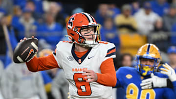 Oct 24, 2024; Pittsburgh, Pennsylvania, USA; Syracuse Orange quarterback Kyle McCord (6) throws a pass during the first quarter against the Pittsburgh Panthers at Acrisure Stadium. Mandatory Credit: Barry Reeger-Imagn Images