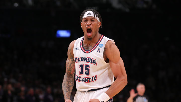 March 22, 2024, Brooklyn, NY, USA; Florida Atlantic Owls guard Alijah Martin (15) reacts against the Northwestern Wildcats in the first round of the 2024 NCAA Tournament at the Barclays Center. Mandatory Credit: Brad Penner-USA TODAY Sports