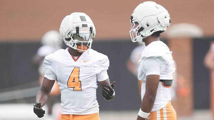 Tennessee wide receiver Mike Matthews (4) during Tennessee football preseason practice, in Knoxville, Tennessee, July 31, 2025.