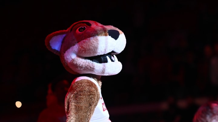 Feb 16, 2023; Pullman, Washington, USA; Washington State Cougars mascot Butch performs before a men   s basketball game against the Oregon State Beavers at Friel Court at Beasley Coliseum. Mandatory Credit: James Snook-USA TODAY Sports