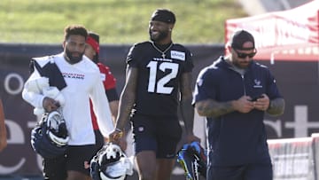 Jul 23, 2025; Houston, TX, USA;  Houston Texans wide receiver Nico Collins (12) during training camp at Houston Methodist Training Center. Mandatory Credit: Troy Taormina-Imagn Images