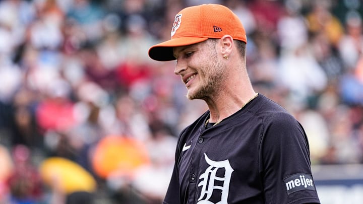 Detroit Tigers pitcher Matt Manning walks off the mound for pitching change during the fourth inning of a Grapefruit League game against Philadelphia Phillies at Joker Marchant Stadium in Lakeland, Fla. on Saturday, Feb. 22, 2025.