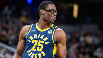 Jan 3, 2024; Indianapolis, Indiana, USA; Indiana Pacers forward Jalen Smith (25) celebrates a made basket in the second half against the Milwaukee Bucks at Gainbridge Fieldhouse. Mandatory Credit: Trevor Ruszkowski-USA TODAY Sports