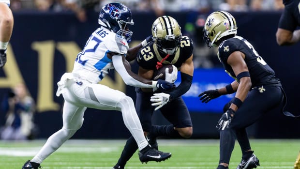 New Orleans Saints cornerback Marshon Lattimore (23) intercepts a pass against the Tennessee Titans 