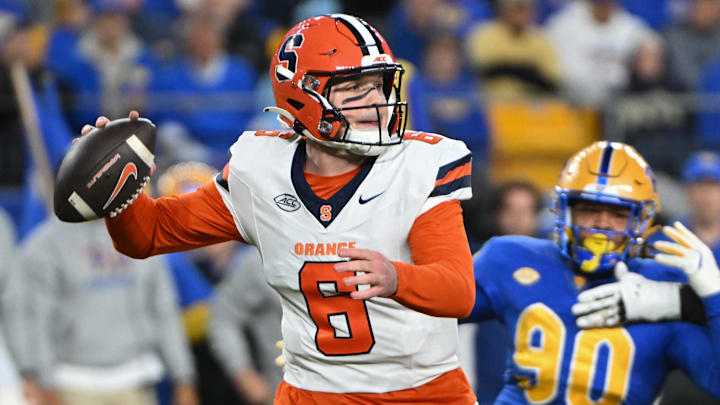 Oct 24, 2024; Pittsburgh, Pennsylvania, USA; Syracuse Orange quarterback Kyle McCord (6) throws a pass during the first quarter against the Pittsburgh Panthers at Acrisure Stadium. Mandatory Credit: Barry Reeger-Imagn Images