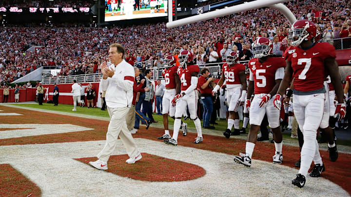 Coach Nick Saban leads the Crimson Tide onto the field before Alabama's homecoming game against Arkansas in Bryant-Denny Stadium Saturday, Oct. 26, 2019. The University of Alabama has renamed the playing surface in honor of legendary coach Nick Saban.