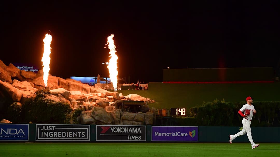 Jun 24, 2025; Anaheim, California, USA; Los Angeles Angels pitcher Reid Detmers (48) enters for the tenth inning against the Boston Red Sox at Angel Stadium. Mandatory Credit: Gary A. Vasquez-Imagn Images
