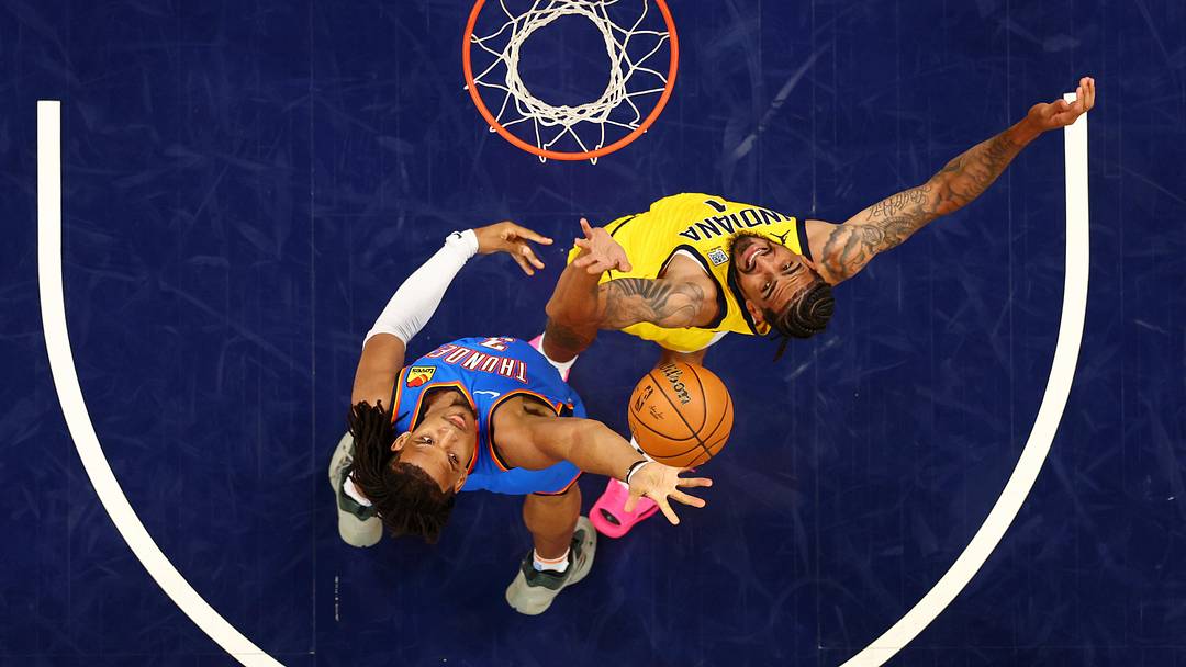 Jun 19, 2025; Indianapolis, Indiana, USA; Oklahoma City Thunder forward Dillon Jones (3) and Indiana Pacers forward Obi Toppin (1) fight for a rebound during the fourth quarter during game six of the 2025 NBA Finals at Gainbridge Fieldhouse. Mandatory Credit: Maddie Meyer-Pool Photo via Imagn Images Jun 19, 2025; Indianapolis, Indiana, USA; Oklahoma City Thunder forward Dillon Jones (3) and Indiana Pacers forward Obi Toppin (1) fight for a rebound during the fourth quarter during game six of the 2025 NBA Finals at Gainbridge Fieldhouse. Mandatory Credit: Maddie Meyer-Pool Photo via Imagn Images