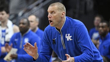 Nov 11, 2025; Louisville, Kentucky, USA;  Kentucky Wildcats head coach Mark Pope calls out instructions during the second half against the Louisville Cardinals at KFC Yum! Center. Louisville defeated Kentucky 96-88. Mandatory Credit: Jamie Rhodes-Imagn Images