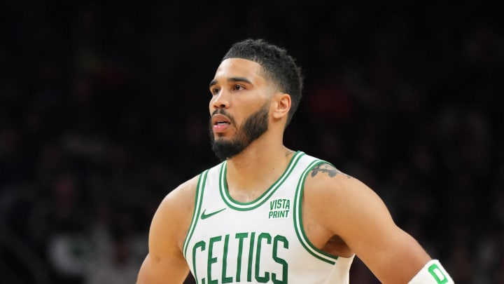 Mar 9, 2024; Phoenix, Arizona, USA; Boston Celtics forward Jayson Tatum (0) looks on against the Phoenix Suns during the second half at Footprint Center. Mandatory Credit: Joe Camporeale-USA TODAY Sports