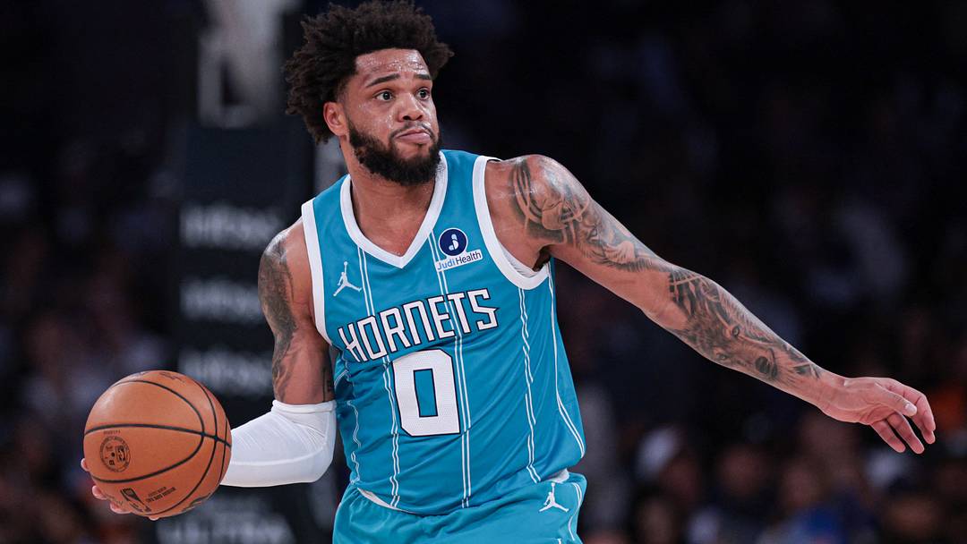 Apr 12, 2026; New York, New York, USA; Charlotte Hornets forward Miles Bridges (0) passes the ball during the first half against the New York Knicks at Madison Square Garden. Mandatory Credit: Vincent Carchietta-Imagn Images