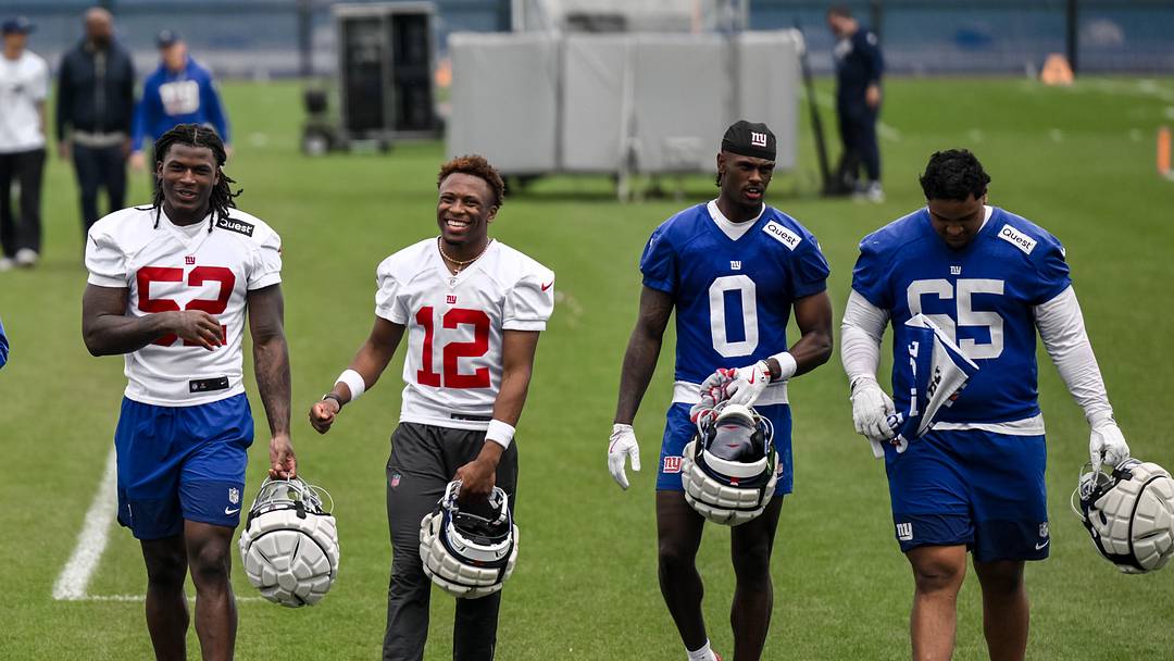 New York Giants rookies Arvell Reese (52), Colton Hood (12), Malachi Fields (0) and Francis Mauigoa (65) New York Giants rookies Arvell Reese (52), Colton Hood (12), Malachi Fields (0) and Francis Mauigoa (65)