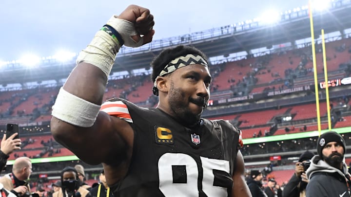 Dec 28, 2025; Cleveland, Ohio, USA; Cleveland Browns defensive end Myles Garrett (95) exits the field after the game against the Pittsburgh Steelers at Huntington Bank Field. Mandatory Credit: Ken Blaze-Imagn Images