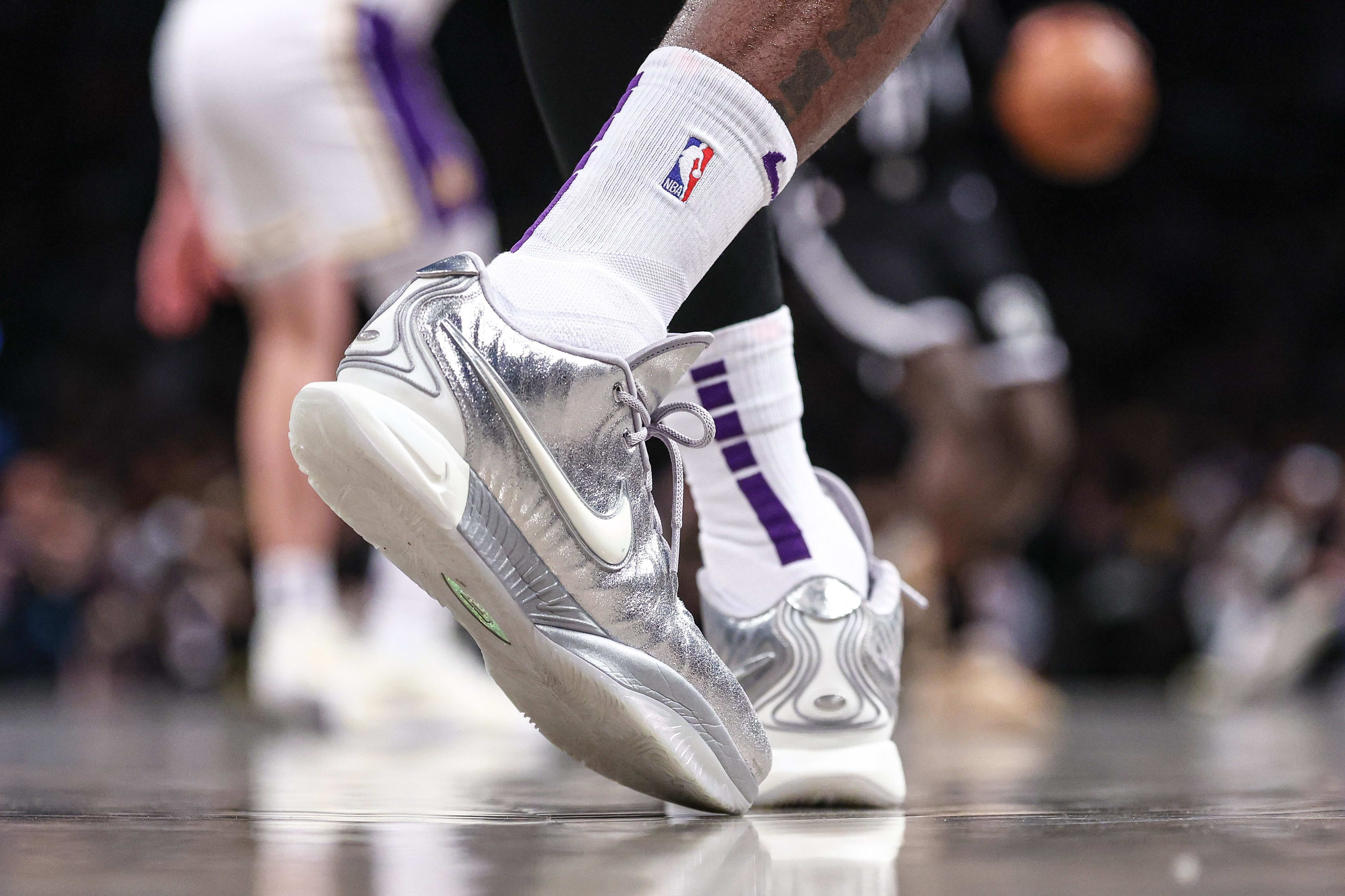 Los Angeles Lakers forward LeBron James' silver Nike sneakers.