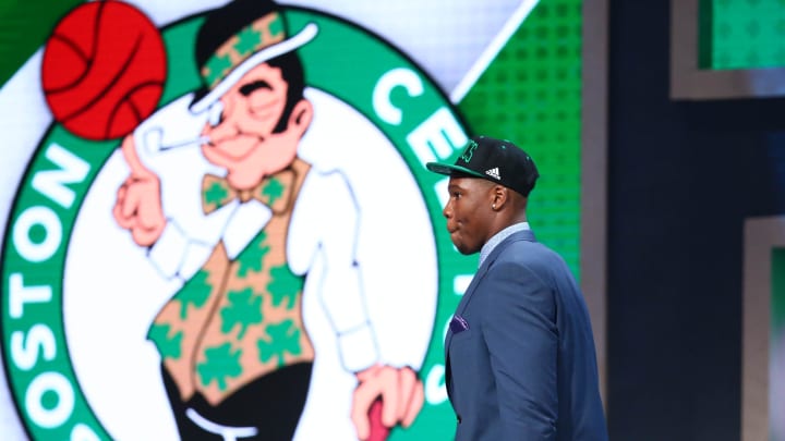 Jun 23, 2016; New York, NY, USA; Guerschon Yabusele walks off the stage after being selected as the number sixteen overall pick to the Boston Celtics in the first round of the 2016 NBA Draft at Barclays Center. Mandatory Credit: Jerry Lai-USA TODAY Sports