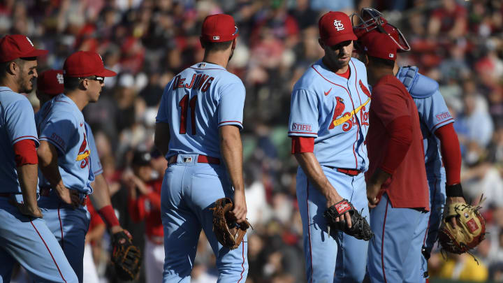 May 13, 2023; Boston, Massachusetts, USA; St. Louis Cardinals starting pitcher Steven Matz (32) walks off the mound after being relieved during the sixth inning against the Boston Red Sox at Fenway Park. Mandatory Credit: Bob DeChiara-USA TODAY Sports