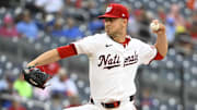 Aug 21, 2025; Washington, District of Columbia, USA; Washington Nationals starting pitcher MacKenzie Gore (1) throws to the New York Mets during the second inning at Nationals Park. Mandatory Credit: Brad Mills-Imagn Images