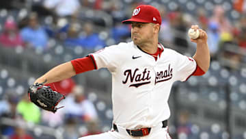 Aug 21, 2025; Washington, District of Columbia, USA; Washington Nationals starting pitcher MacKenzie Gore (1) throws to the New York Mets during the second inning at Nationals Park. Mandatory Credit: Brad Mills-Imagn Images