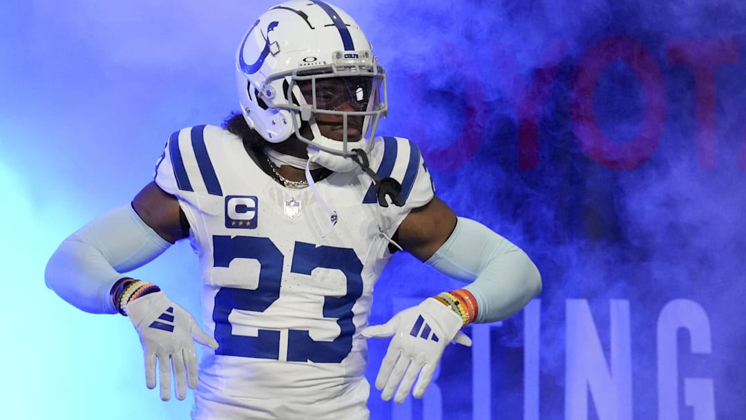 Dec 22, 2024; Indianapolis, Indiana, USA;  Indianapolis Colts cornerback Kenny Moore II (23) takes the field Sunday, Dec. 22, 2024, ahead of a game against the Tennessee Titans at Lucas Oil Stadium. Mandatory Credit: Christine Tannous/USA Today Network via Imagn Images 