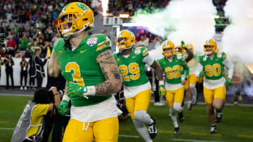 Jan 1, 2024; Glendale, AZ, USA; Oregon Ducks tight end Terrance Ferguson (3) against the Liberty Flames during the 2024 Fiesta Bowl at State Farm Stadium. Mandatory Credit: Mark J. Rebilas-USA TODAY Sports