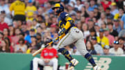 May 24, 2024; Boston, Massachusetts, USA; Milwaukee Brewers catcher William Contreras (24) watches his two-run home run against the Boston Red Sox during the third inning at Fenway Park. Mandatory Credit: Gregory Fisher-USA TODAY Sports