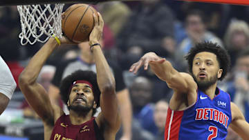 Jan 31, 2024; Cleveland, Ohio, USA; Cleveland Cavaliers center Jarrett Allen (31) shoots against the Detroit Pistons