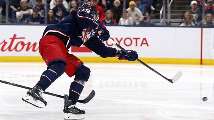 Apr 12, 2026; Columbus, Ohio, USA; Columbus Blue Jackets forward Adam Fantilli (19) scores against the Boston Bruins during the third period at Nationwide Arena. Mandatory Credit: Russell LaBounty-Imagn Images