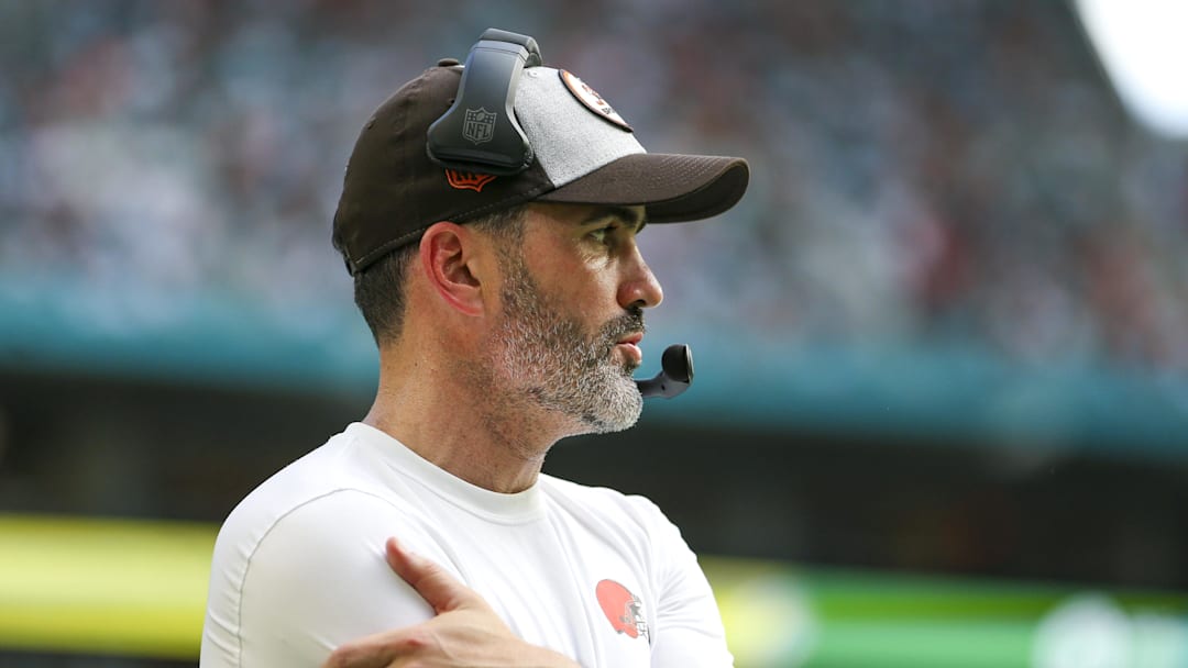 Nov 13, 2022; Miami Gardens, Florida, USA; Cleveland Browns head coach Kevin Stefanski watches from the sideline during the third quarter against the Miami Dolphins at Hard Rock Stadium. Mandatory Credit: Sam Navarro-Imagn Images