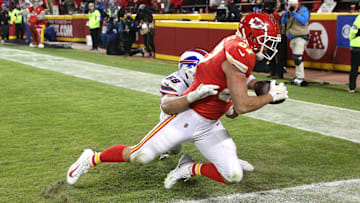 Chiefs tight end Travis Kelce makes the game-winning touchdown reception against Bills linebacker Matt Milano. The Chiefs beat the Bills 42-36 in overtime to move on to the AFC Championship game against the Bengals.