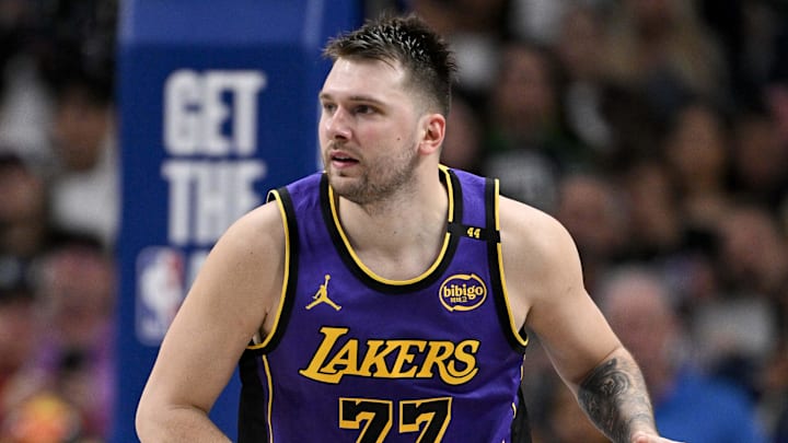 Apr 9, 2025; Dallas, Texas, USA; Los Angeles Lakers guard Luka Doncic (77) brings the ball up court against the Dallas Mavericks during the third quarter at the American Airlines Center. Mandatory Credit: Jerome Miron-Imagn Images