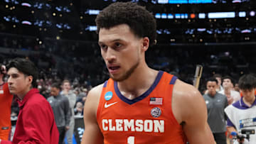 Mar 30, 2024; Los Angeles, CA, USA; Clemson Tigers guard Chase Hunter (1) reacts after the game against the Alabama Crimson Tide in the finals of the West Regional of the 2024 NCAA Tournament at Crypto.com Arena. Mandatory Credit: Kirby Lee-Imagn Images