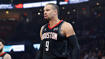 Mar 27, 2024; Oklahoma City, Oklahoma, USA; Houston Rockets forward Dillon Brooks (9) reacts to an officials call after a play against the Oklahoma City Thunder during the first quarter at Paycom Center. Mandatory Credit: Alonzo Adams-Imagn Images