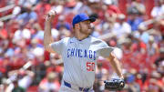 Jul 14, 2024; St. Louis, Missouri, USA;  Chicago Cubs starting pitcher Jameson Taillon (50) pitches against the St. Louis Cardinals during the first inning at Busch Stadium. 