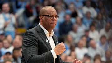 Jan 18, 2025; Chapel Hill, North Carolina, USA; North Carolina Tar Heels head coach Hubert Davis reacts in the first half at Dean E. Smith Center. Mandatory Credit: Bob Donnan-Imagn Images