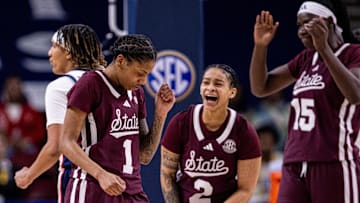 Mar 6, 2025; Greenville, SC, USA; Mississippi State Bulldogs guard Destiney McPhaul (1) celebrates after scoring against the Ole Miss Rebels during the second half at Bon Secours Wellness Arena. Mandatory Credit: Scott Kinser-Imagn Images