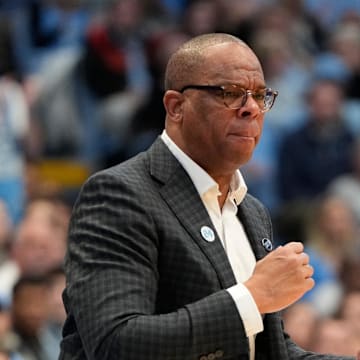 Jan 18, 2025; Chapel Hill, North Carolina, USA; North Carolina Tar Heels head coach Hubert Davis reacts in the first half at Dean E. Smith Center. Mandatory Credit: Bob Donnan-Imagn Images
