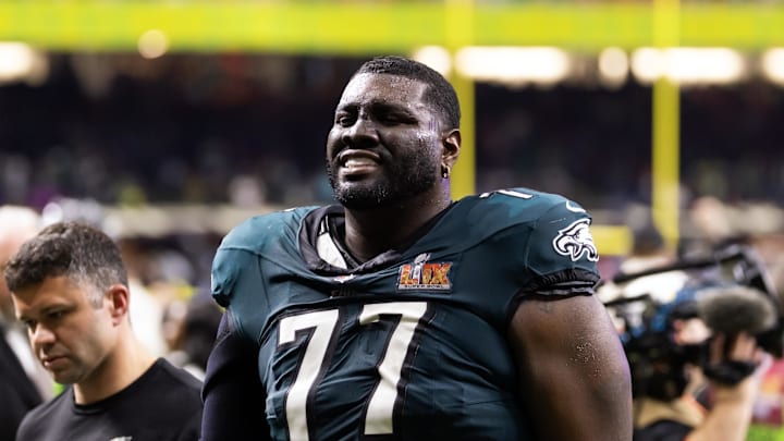 Feb 9, 2025; New Orleans, LA, USA; Philadelphia Eagles  offensive tackle Mekhi Becton (77) against the Kansas City Chiefs during Super Bowl LIX at Ceasars Superdome. Mandatory Credit: Mark J. Rebilas-Imagn Images