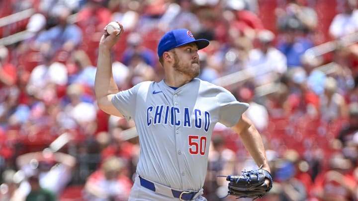 Jul 14, 2024; St. Louis, Missouri, USA;  Chicago Cubs starting pitcher Jameson Taillon (50) pitches against the St. Louis Cardinals during the first inning at Busch Stadium. 