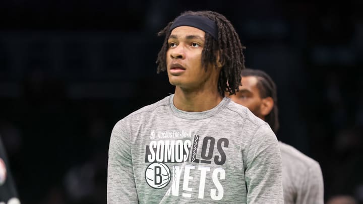 Mar 9, 2024; Charlotte, North Carolina, USA;  Brooklyn Nets forward Noah Clowney (21) warms up before the game against the Charlotte Hornets at Spectrum Center. Mandatory Credit: Cory Knowlton-USA TODAY Sports