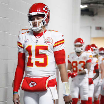 Kansas City Chiefs quarterback Patrick Mahomes (15) leads the Chiefs offense to the field to warm up against the Pittsburgh Steelers at Acrisure Stadium.